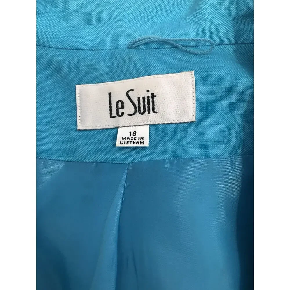 Le Suit Blue Women Jacket 3/4 Sleeve Size 16 Linen Clueless Preppy Office Siren - Picture 5 of 9